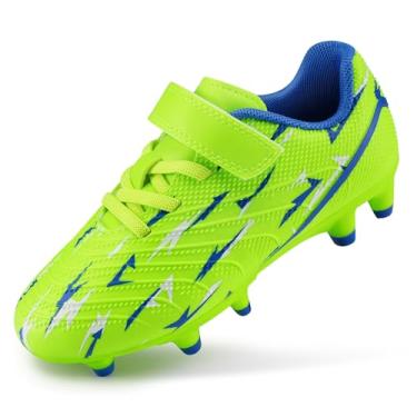 Imagem de Stelle Chuteira de futebol infantil para meninos e meninas, chão firme, padrão de relâmpago, para crianças pequenas/grandes, Amarelo neon, 13 Little Kid