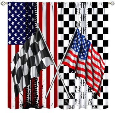Imagem de Cortinas com bandeira americana, carro de corrida, preto, branco, quadriculado, decoração de casa, cortinas para quarto, sala de estar, cozinha, janela, 2 painéis, conjunto de 2 painéis, tamanho total