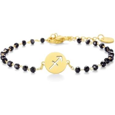 Imagem de Pulseira feminina do signo do zodíaco, pingente de signo do zodíaco de aço inoxidável dourado, pulseira de corrente de contas pretas e signo do zodíaco, presentes adequados para mulheres, One Size