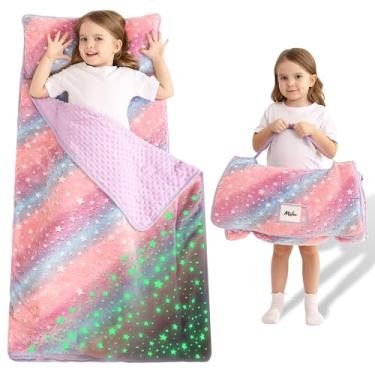 Imagem de Tapete de cochilo infantil com travesseiro e cobertor, tapetes de cochilo enrolados extragrande, sacos de dormir para meninos e meninas, saco de dormir infantil para creche, 53 cm x 127 cm