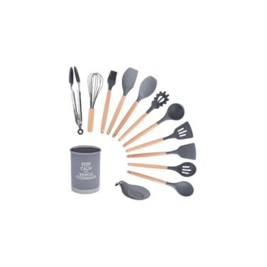 Imagem de Kit de Utensílios para Cozinha com 13 Peças, Silicone e Aço Inox, Cabo em Madeira MDF, Cinza, Livre de BPA, Suporta até 230ºC