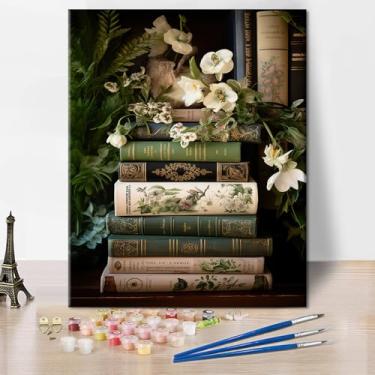 Imagem de TUMOVO Kit de pintura de natureza morta vintage com flores e livros 40,6 x 50,8 cm, pintura em tela DIY para adultos iniciantes com tintas acrílicas e pincéis para decoração de casa