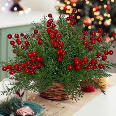 Imagem de Sadoia Pacote com 4 140 peças de flores artificiais de pinheiro de Natal com hastes de frutas vermelhas, palitos de árvore de guirlanda de Natal falsa de 38 cm para decoração de árvore de Natal