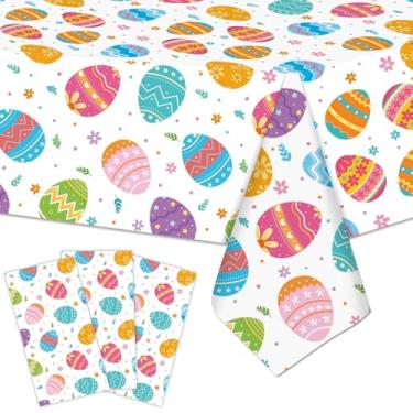 Imagem de Merriva 3 peças de toalha de mesa de plástico para ovos de Páscoa 137 x 272 cm, capas de mesa retangulares descartáveis com ovos coloridos e design de flores para piquenique de primavera, caça aos