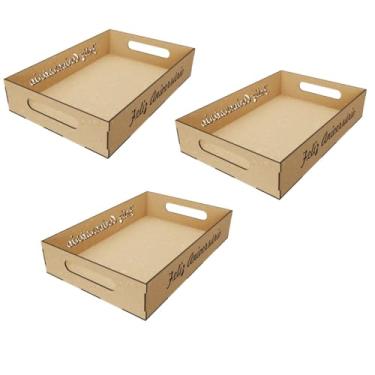 Imagem de Kit com 3 Bandejas MDF Cru 30x20x6 para Decoração de Festa, Cestas Café da Manhã, Presente – Coração, Estrela, Te Amo, Feliz Aniversário e Lisa ( ́)