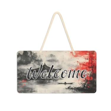 Imagem de Burbuja Placa de boas-vindas com pintura de tinta chinesa para porta da frente, placa de boas-vindas de PVC para pendurar na parede varanda casa de fazenda, decoração de feriados, 15 x 28 cm