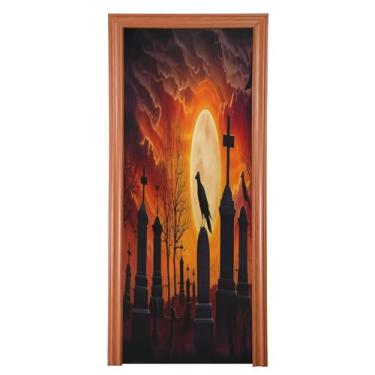 Imagem de Qilmy Decoração de capa de porta 81 x 200 cm tecido grande placa de decoração de festa de Halloween para porta da frente Halloween cemitério varanda decoração externa janela parede 500