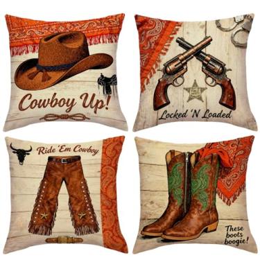 Imagem de JAERUE Pacote com 4 capas de almofada com tema de caubói ocidental, 45,7 x 45,7 cm, revólver, algemas, chapéu de caubói, botas, fronhas do sudoeste, capas de almofada boho para sala de estar, sofá