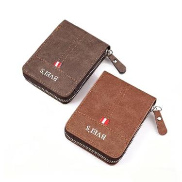 Imagem de Carteira masculina com bolso frontal 2025, couro minimalista, zíper de poliuretano dobrável com bolso para moedas, design quadrado retrô compacto (tamanho médio), Café escuro, Minimalista e elegante