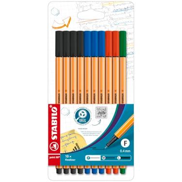 Imagem de STABILO Ponta Fineliner 88 - Pacote com 10 - Cores de Escritório - 4 x Preto, 3 x Azul, 2 x Vermelho, 1 x Verde