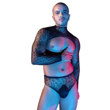 Imagem de Munyee Hua Mens Fishnet Leopard Mesh Two Piece Lace Set Sexy See Through Bikini With Long Sleeve Crop Top And Briefs For Clubwear Party Lingerie Role Play (Leopard)