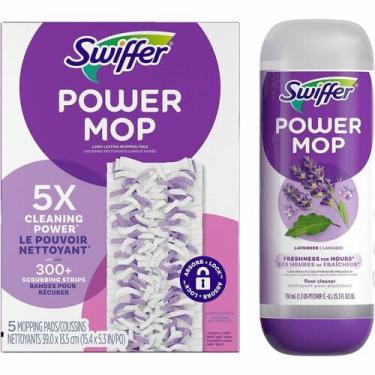 Imagem de Swiffer Pacote de refil de esfregão elétrico, limpador de piso para esfregar, vinil, laminado, madeira em casa, banheiro, cozinha, limpeza multisuperfície multifuncional, 5 almofadas + 1 solução de