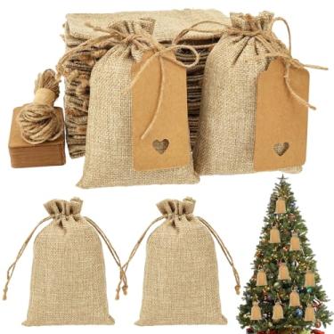 Imagem de HJJWNDDNG Pacote com 50 sacos de presente com cordão 10 x 15 cm pequena bolsa de tecido com 50 peças de etiqueta de presente para joias, festa de casamento, Natal (cor cânhamo, 50 peças)