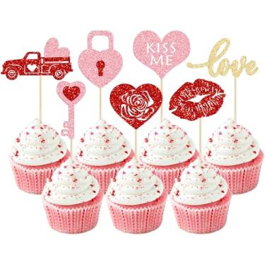 Imagem de Gyufise Pacote com 28 topos de cupcake de dia dos namorados vermelho rosa glitter coração amor batom chave rosa cupcake toppers escolhas para doce amor tema casamento noivado decoração
