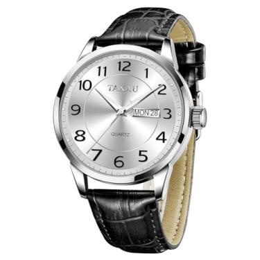Imagem de Taxau Relógios masculinos de luxo, analógicos, à prova d'água, couro clássico, mostrador grande, simples, fácil de ler, quartzo, vestido minimalista, dia, data, quartzo, relógios masculinos, G8405