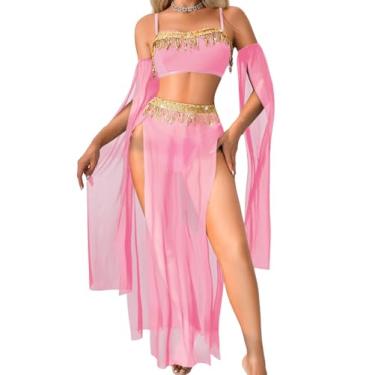 Imagem de ShawGobow Roupas de dança exóticas, saia de fenda alta, lingerie sexy para mulheres, fantasia de dança do ventre, cosplay, festival, rosa, médio