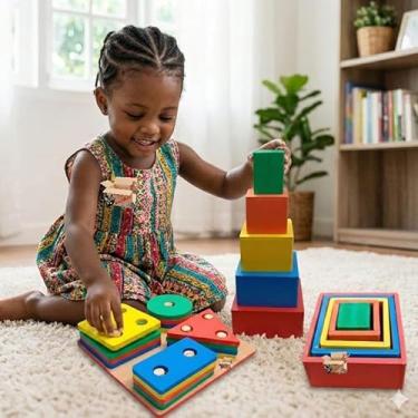 Imagem de Brinquedo Pedagógico Educativo Madeira MDF Prancha Seleção Infantil Encaixe Formas Geométricas (Prancha + Cubo)