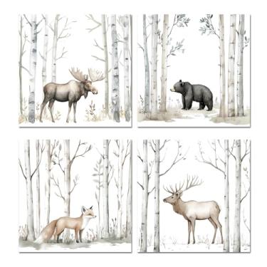Imagem de LyerArtork 4 peças de arte de parede de animais de inverno floresta impressões em tela veado alce urso preto raposa imagens pintura casa de fazenda decoração de parede para cozinha banheiro preto