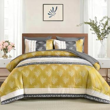 Imagem de DJY Jogo de edredom boêmio, tamanho king, cama listrada amarela em um saco, 7 peças, conjunto de cama reversível de microfibra macia para todas as estações (264 x 234 cm)