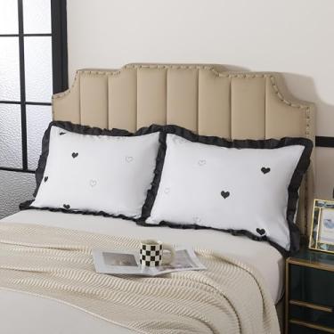 Imagem de H HOUSEHOLD Fronha de microfibra escovada com babados - King Size (50,8 x 91,4 cm) Capa de almofada respirável macia com babados elegantes para decoração de quarto, estampa em forma de coração lavável