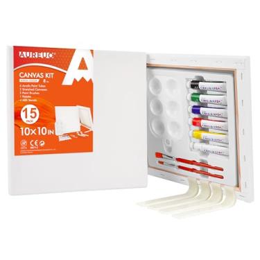 Imagem de AUREUO Conjunto de 25 x 25 cm de lona esticada com suportes - 6 tintas acrílicas, pincéis e paleta - Kit de tinta acrílica - Materiais de pintura para artistas, adultos e iniciantes