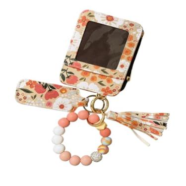 Imagem de FAIREDEAR Carteira feminina Boho com contas – Chaveiro de borla com contas, porta-cartão de crédito com estampa floral, carteira feminina elegante (cáqui, com bolsa de batom)