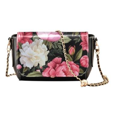 Imagem de Bolsa transversal de couro floral peônia rosa e verde, bolsa tiracolo feminina de couro, bolsa de ombro feminina, Pintura em aquarela com flores de peônia em preto-2, One Size