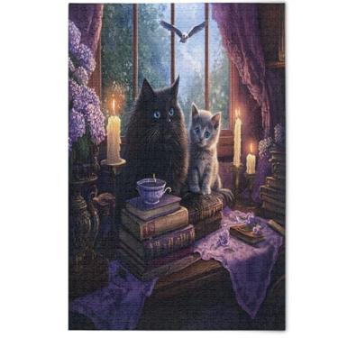 Imagem de Livros de gatos pretos místicos à luz de velas Quebra-cabeça 1000 peças para adultos, presentes para amantes, cenas de quebra-cabeça de família, natureza, quebra-cabeças paisagísticos, 1000 peças, 75