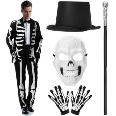 Imagem de Mepase 5 peças, fantasia de esqueleto de Halloween, máscara de caveira, luvas de esqueleto, cartola preta, bengala prateada para cosplay de Halloween (GG)