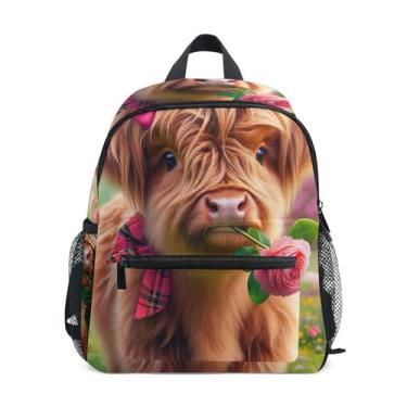 Imagem de GAIGEO Highland Calf Spring Floral Toddler Mini Backpack 10x4x12 In, Kids School Backpack for Girls with Water Bottle Pockets, Whistle Buckle