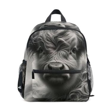 Imagem de GAIGEO Cute Highland Cow Gray Small Backpack for Kids 10x4x12 In, Boys School Backpack with Water Bottle Pockets, Whistle Buckle