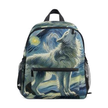 Imagem de GAIGEO Wolf Howling Starry Night Toddler Mini Backpack Little Boys Backpack with Front Pocket, Safety Whistle for Ages 3-8