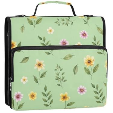 Imagem de Aquarela flores silvestres verdes 3 anéis organizador de fichários escolares com alça de ombro, suporte para 500 folhas 34,5 x 31,5 x 9 cm