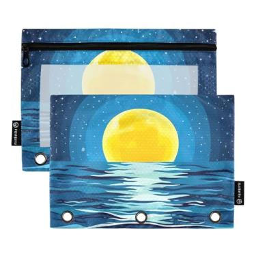Imagem de GAIGEO Pasta minimalista com 3 anéis para fichário noturno, oceano, lua, lápis, caneta, zíper, rosa, fichário escolar, bolsos transparentes, feminino, 25 x 18 cm, 2 pacotes