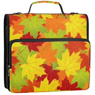 Imagem de Organizador de fichário com zíper, folhas de bordo, amarelo, 3 anéis, 3 anéis, fichários divertidos, com alça, bolsa de ensino médio, vários bolsos, pasta grande, 34,5 x 31,5 x 9 cm