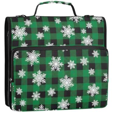 Imagem de Flocos de neve verde preto buffalo, xadrez, 3 anéis, 3 anéis, organizador de fichário resistente, bolsa para fichário de ensino médio com alça, suporte para 500 folhas, 34,5 x 31,5 x 9 cm