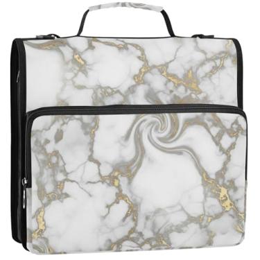 Imagem de Pasta organizadora de fichário branco mármore de 3 anéis, 3 anéis, bolsa escolar com alça de ombro, pasta de armazenamento com alça, 34,5 x 31,5 x 9 cm