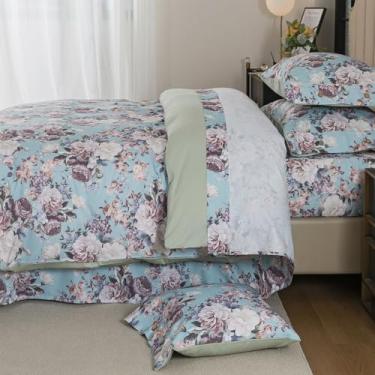 Imagem de FADFAY Conjunto de capa de edredom floral, tamanho casal, 3 peças de roupa de cama 100% algodão, estampa de flores botânicas vintage azul empoeirado, elegante estilo fazenda chique com fecho de botão