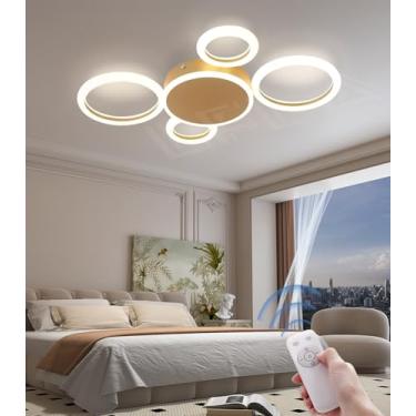 Imagem de Luminária de teto LED dimerizável preta/dourada com design moderno e criativo em formato de anel, com controle remoto, iluminação suave para os olhos, ideal para sala de estar, quarto e escr