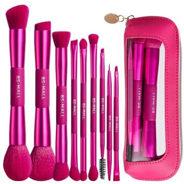 Imagem de BS-MALL Conjunto de pincéis de maquiagem de ponta dupla com pincel corretivo e pincel de base, pincel de sombra - pincéis multiuso para viagem em bolsa de maquiagem para uso diário (9 peças rosa