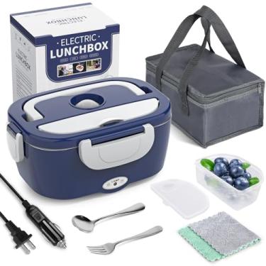 Imagem de Herrfilk Aquecedor de alimentos liaght Blue, lancheira 3 em 1 ultra rápido para adultos, aquecedor de alimentos portátil 12V/24V/110V para carro/caminhão/escritório com garfo e bolsa de transporte