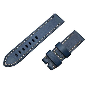 Imagem de AMSOH 22mm 24mm 26mm espessura vintage genuíno couro de vaca real pulseira de relógio feito à mão homens para pulseira Panerai fivela masculina (cor: pulseira azul, tamanho: fivela de prata de 22mm)