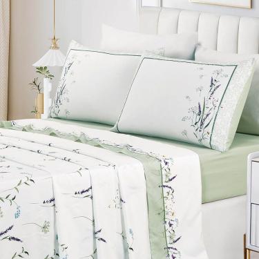 Imagem de Jogo de Lençol Summer Casal 4 Peças MicroPercal 300 Fios Estampado Floral - Verde Lavanda