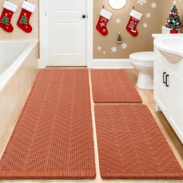 Imagem de Conjunto de 3 peças de tapete de banho, tecido boêmio, moderno, absorvente, antiderrapante, macio, lavável à máquina, com espinhas de peixe, para banheiro, quarto, cozinha, chuveiro, laranja sujo