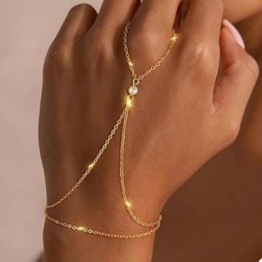 Imagem de Pulseira de corrente de mão de ouro para mulheres, banhado a ouro 14K, conjunto de duas peças, anel de dedo delicado ajustável, joia de presente