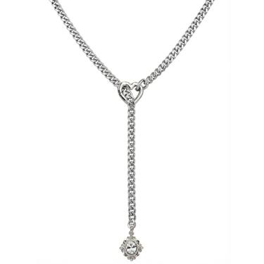 Imagem de EverGlimp Colar de corrente deslizante de coração, corrente cubana ajustável em Y Lariat de 63 cm com fecho de coração destacável e pingente de strass brilhante (branco prata)