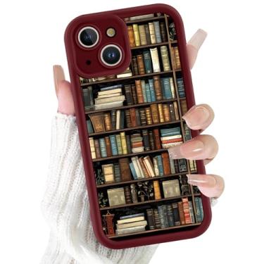 Imagem de Vulfwela Capa de celular para iPhone 15 Plus Borgonha vinho tinto vintage estilo estante de livros 17 cm, linda estética outono padrão design feminino feminino à prova de choque macio TPU protetor