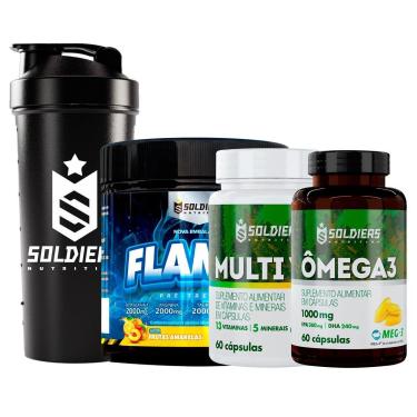 Imagem de Kit: 2x Ômega 3 + 2x Multivitaminico + 2x Pré-Treino Flames 200g +1x Coqueteleira Simples 600ml-Unissex