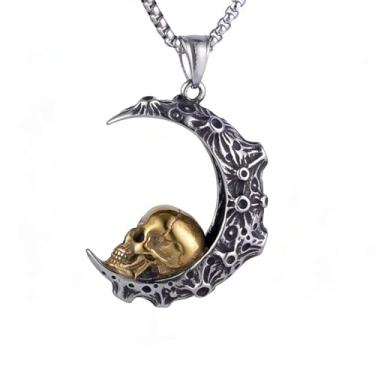 Imagem de Colar masculino e feminino vintage gótico punk escuro academia vento lua crescente crânio, aço inoxidável 316L, corrente de pérola quadrada de aço inoxidável prata, joia retrô de Halloween, Standard