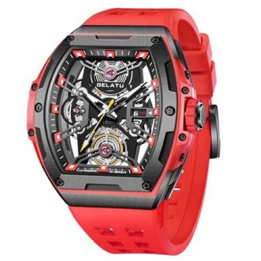 Imagem de OLEVS Relógio masculino automático com esqueleto de diamante, corda automática, mecânico, original, luxuoso, cristal de safira, à prova d'água, relógio de pulso masculino, G6012: Pulseira vermelha e